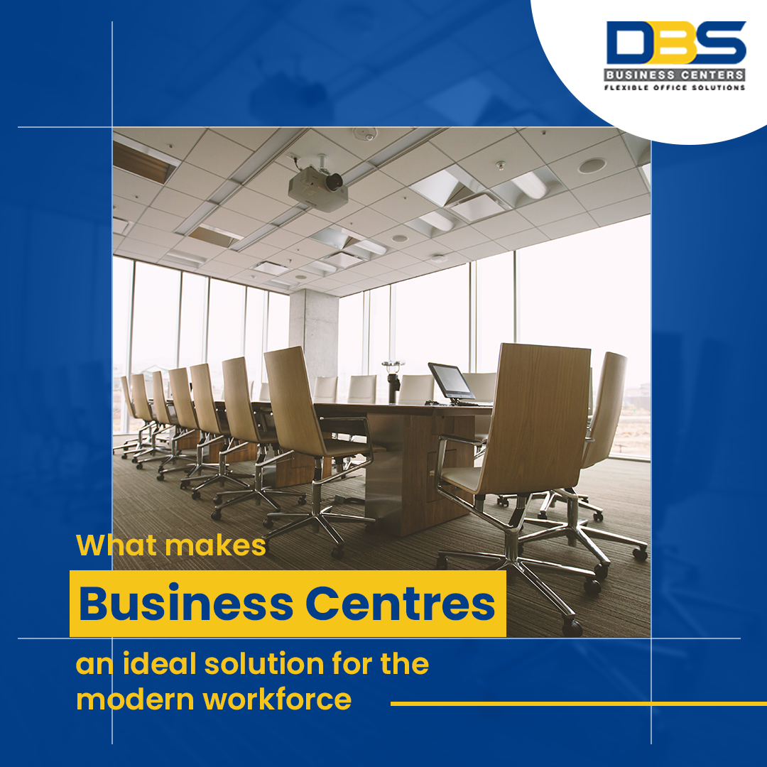 Modern business center conference room with a long table, chairs, and city views through large windows